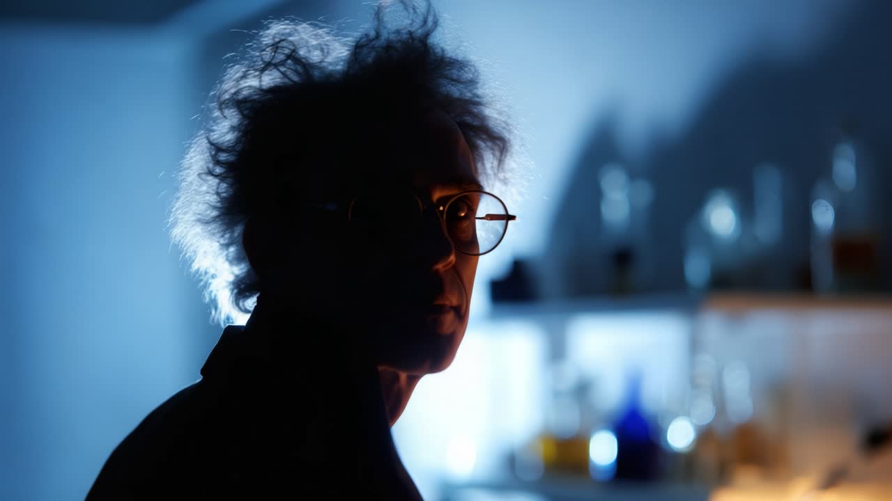 Un scientifique mystérieux aux cheveux ébouriffés se dresse en silhouette sur un arrière-plan de laboratoire, illuminé par une douce lumière bleue et blanche, évoquant l’intrigue et la curiosité