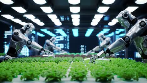 in a high-tech facility, several robots carefully nurture and harvest crops, showcasing advanced agricultural technology.