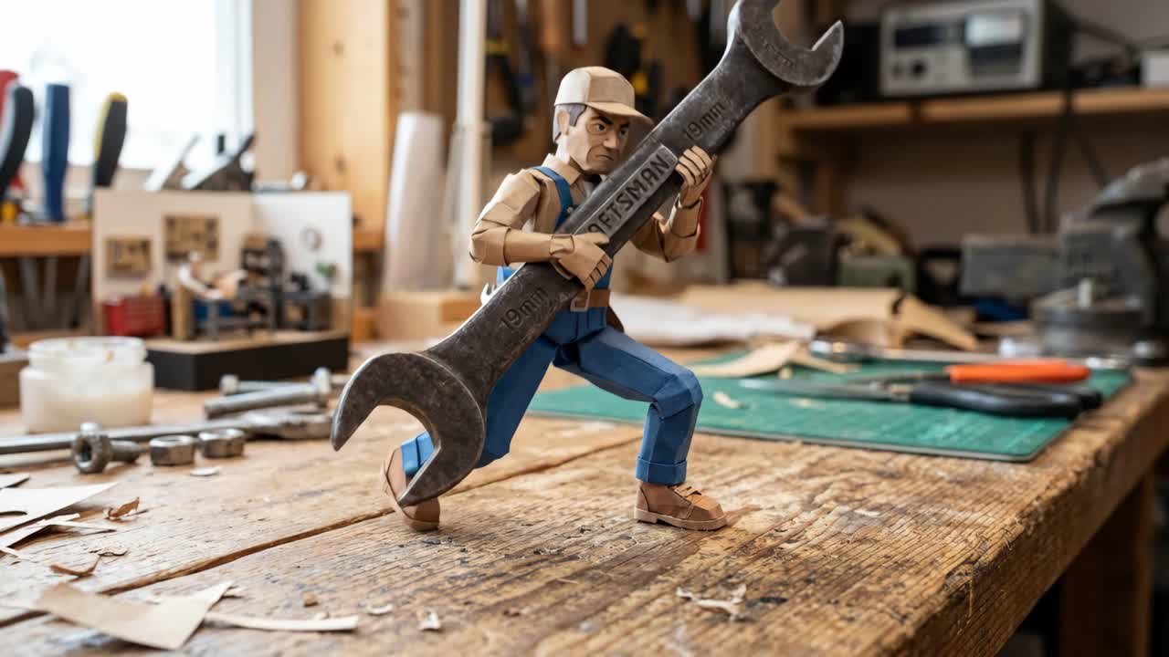 Papercraft Worker Struggling to Lift an Oversized Wrench
