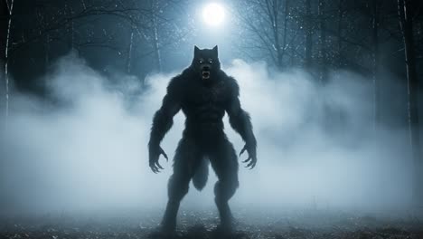 a haunting werewolf emerges from the fog beneath the full moon, showcasing its powerful form and menacing presence against a chilling night landscape