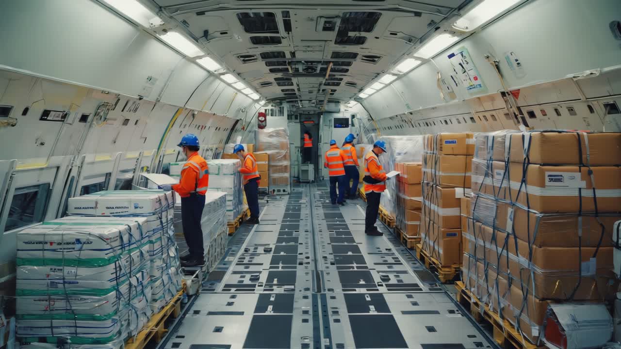Cargo Plane Interior with Workers and Packages