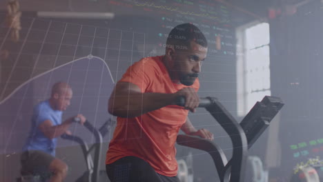 animation of interface processing data over african american man cross training on elliptical at gym