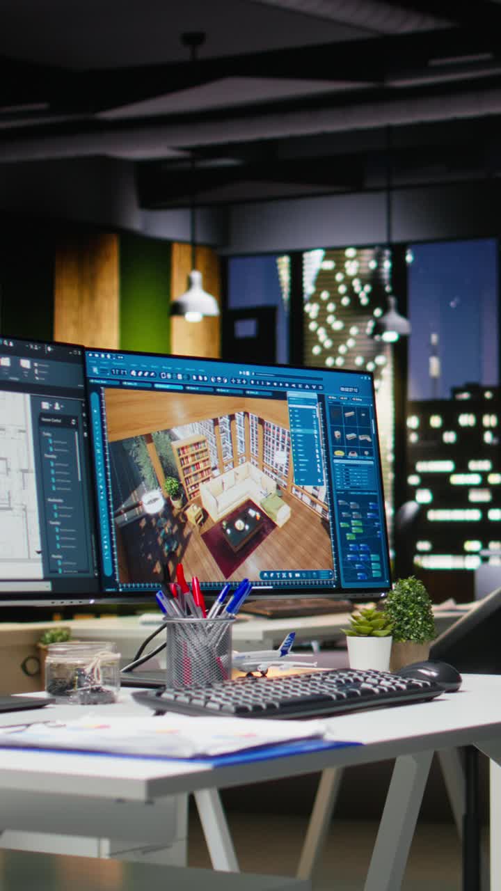 Vertical Video Modern architecture workspace featuring dual monitors with 3D rendering software