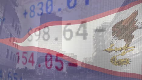 animación de la bandera de samoa americana sobre el mercado de valores y el paisaje urbano.