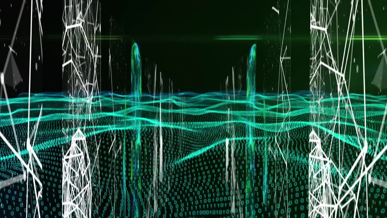 Animation of moving digital lines and shapes on black background