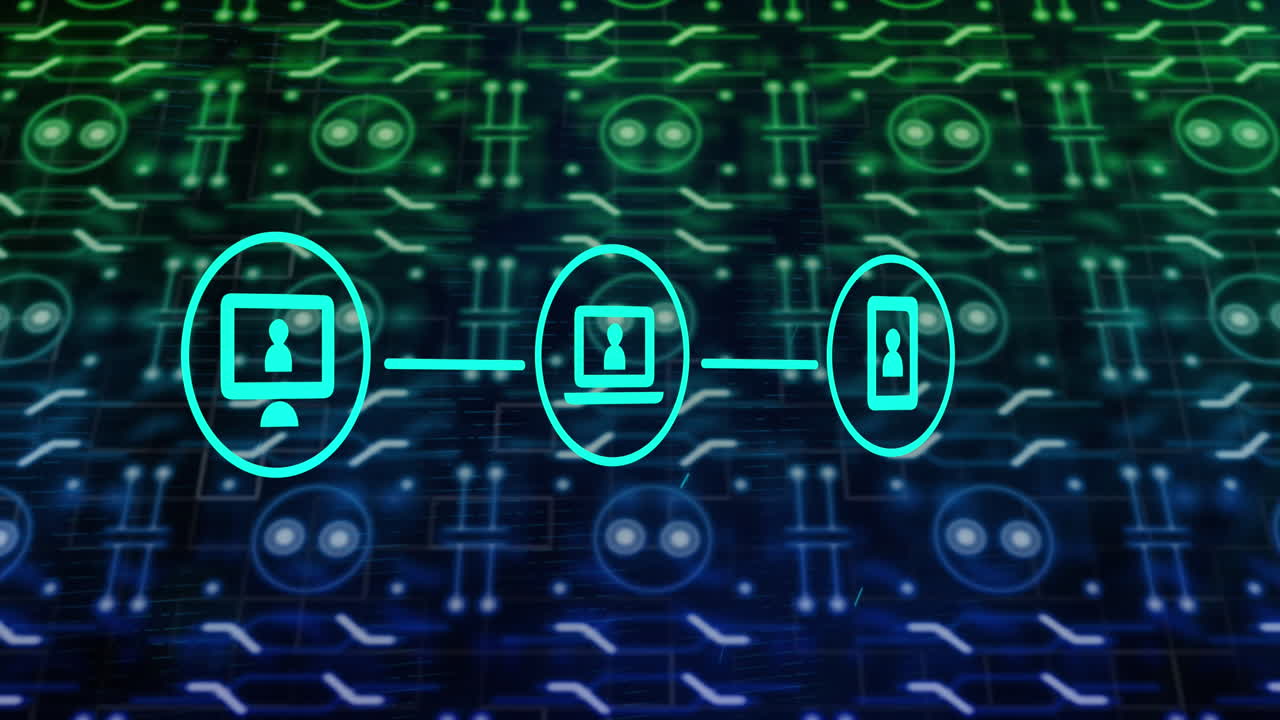 animación de la red de iconos y procesamiento de datos a través de una placa de circuitos
