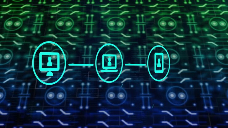 Animation of network of icons and data processing over circuit board