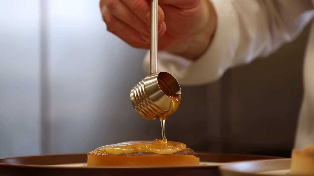Una vista ravvicinata dal basso mostra una mano che tiene un mestolo di metallo scanalato mentre un caramello ambrato viscoso si versa su un dolce rotondo al forno, creando un rivestimento lucido, un sottile rivolo, una goccia sospesa e un caldo dettaglio gourmet.