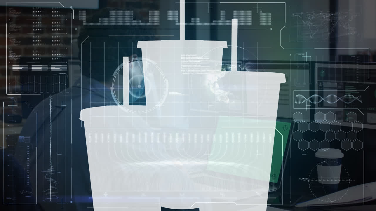 노트북을 가진 아프리카계 미국인 남성 프로그래머 위에  컵을 가진 디지털 화면의 애니메이션