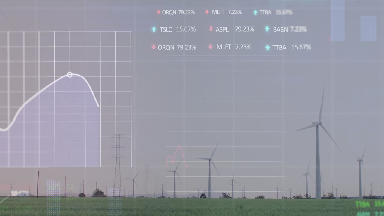 잔디에서 회전하는 풍차를 통해 통계, 증권 시장 데이터 처리의 애니메이션