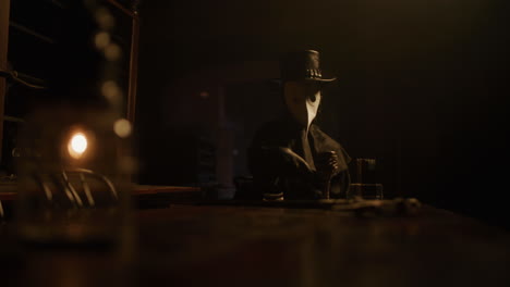 plague doctor in a dark room