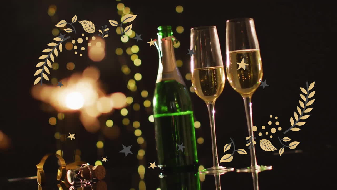 Animazione di una stellina su bicchieri da champagne e bottiglia