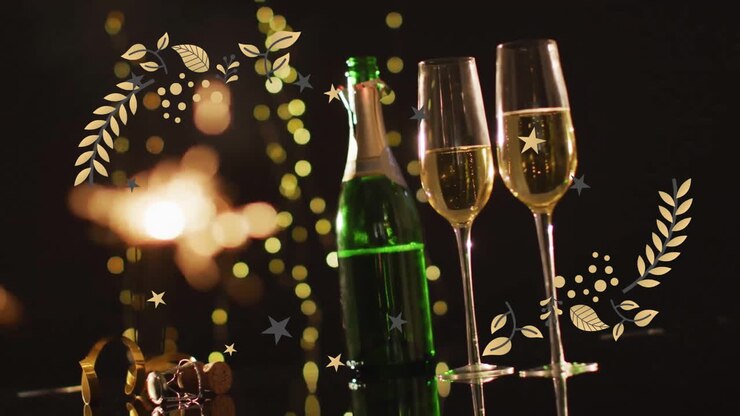 Animazione di una stellina su bicchieri da champagne e bottiglia