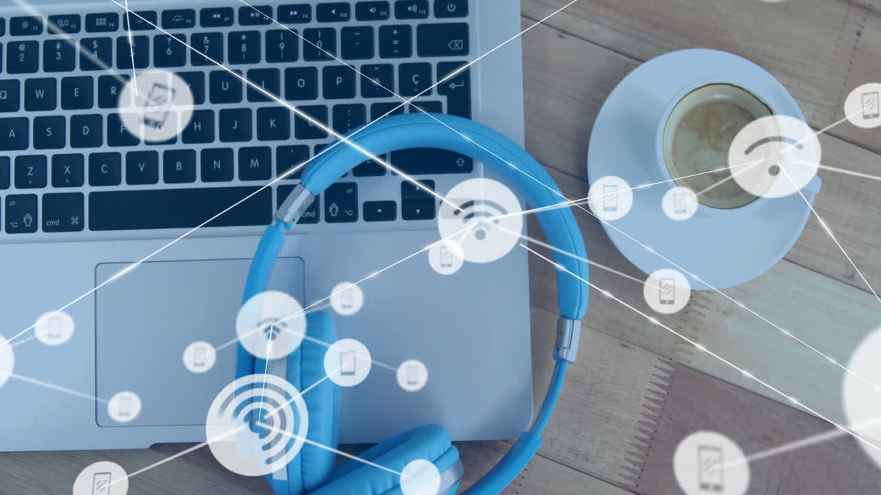 Laptop with blue headphones and coffee cup, animation of digital network icons