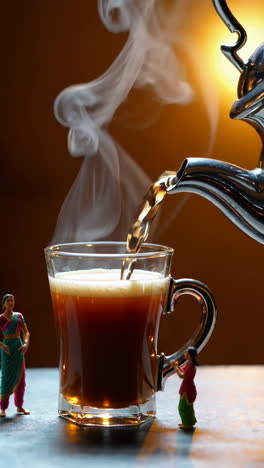 pouring hot tea with miniature figures