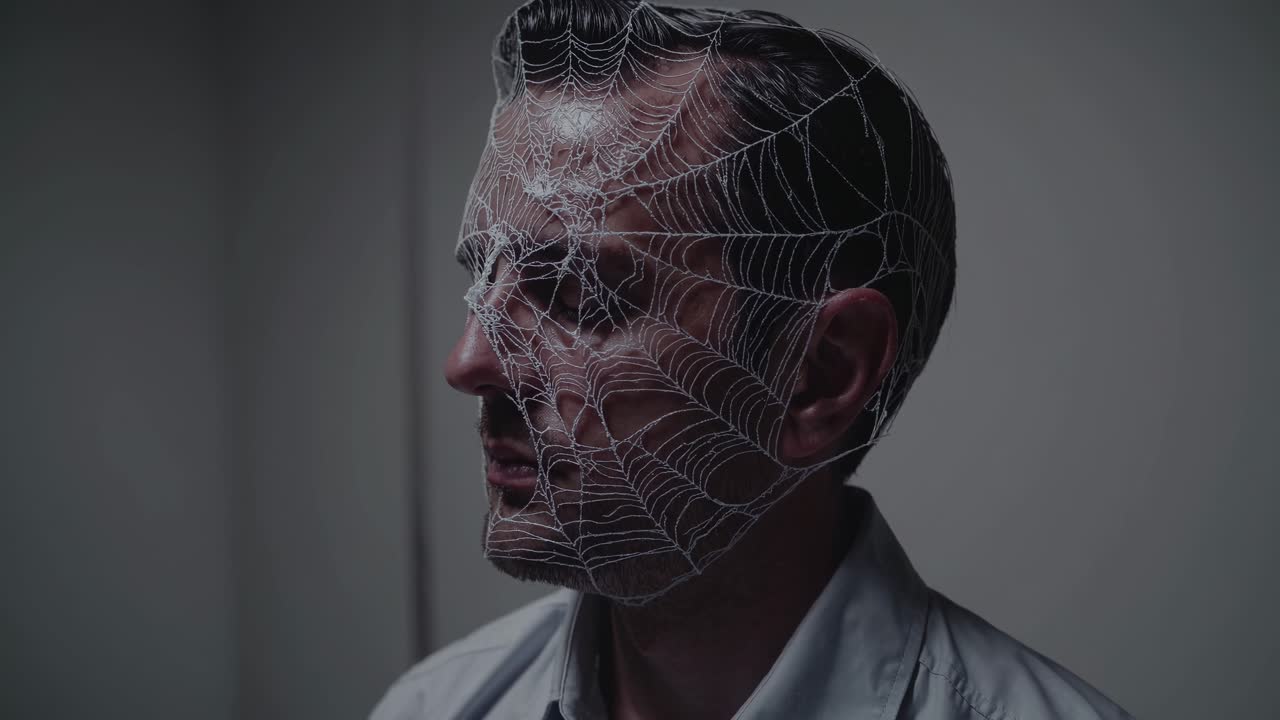 trabajador de oficina con una telaraña en la cara que expresa incomodidad, asfixia y ansiedad, simbolizando estrés, cautiverio y problemas de salud mental
