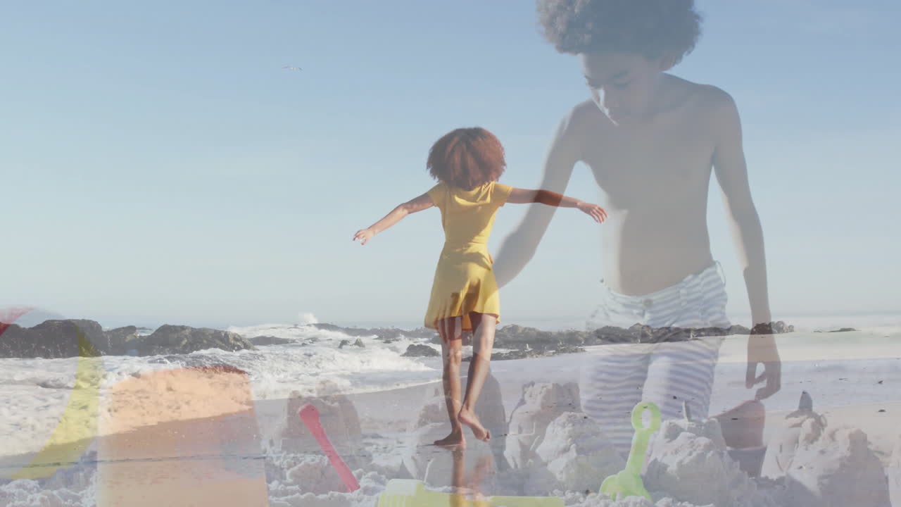 On beach, child building sandcastle with animation overlay, enjoying sunny day