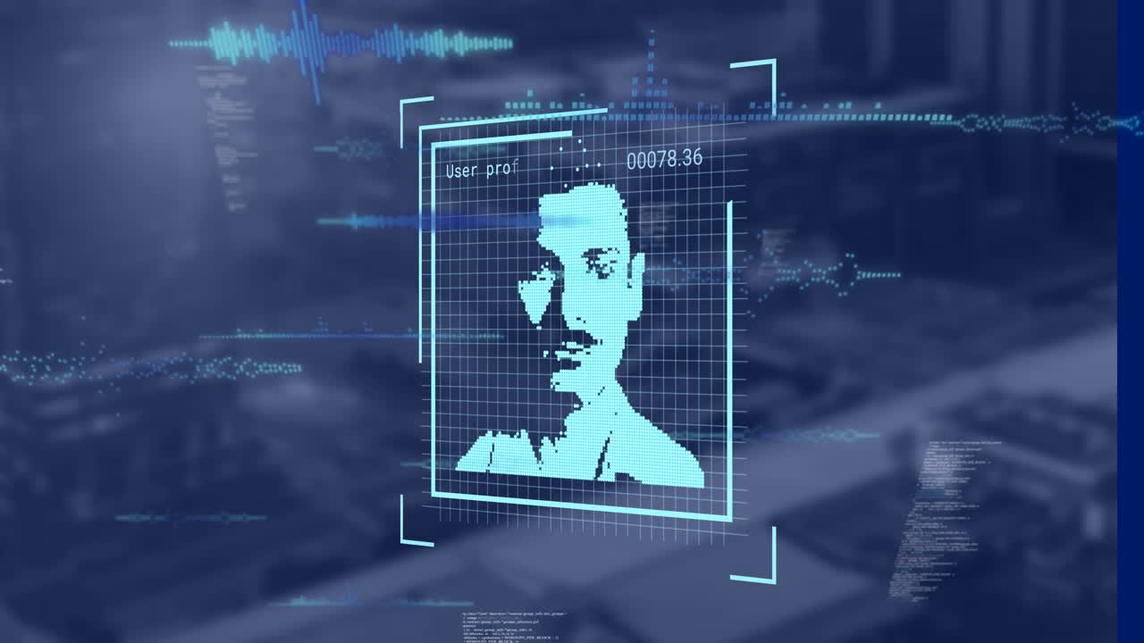 Animation of data processing and people icons over blurred background