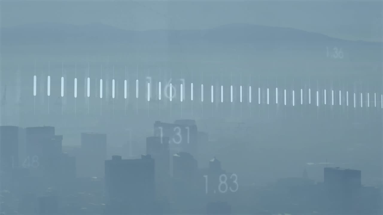 도시 풍경 위의 금융 데이터 처리 애니메이션