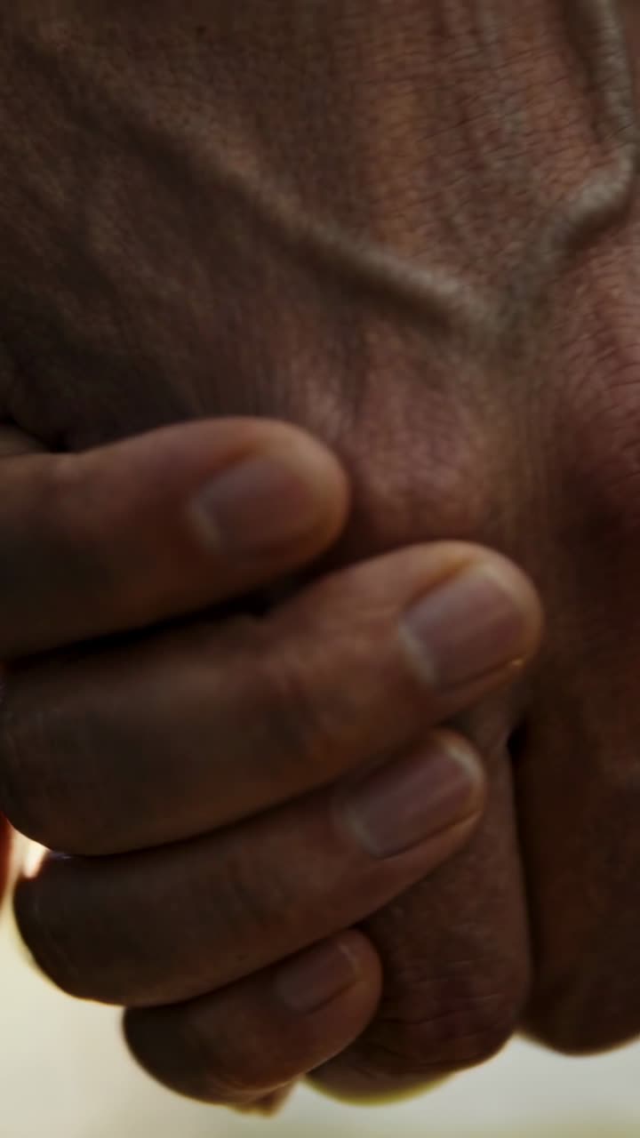 Vertical video: Clasping small hand wrapping large veiny hand near window, showing comfort