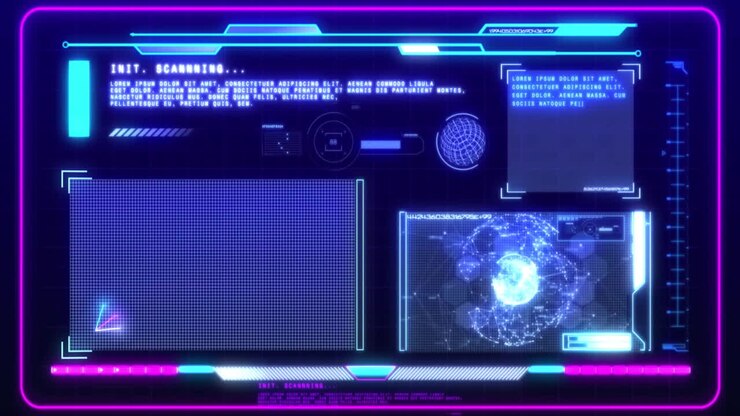 Animation of diagrams and data processing over black background