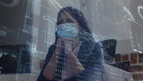 digital interface against thoughtful indian woman wearing face mask sitting on his desk at office