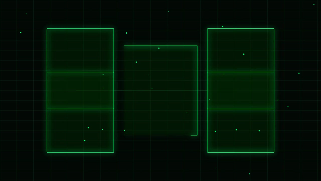 Interfaccia digitale astratta con rettangoli verdi luminosi e particelle fluttuanti