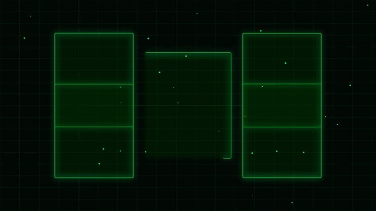 Abstract Digital Interface with Glowing Green Rectangles and Floating Particles