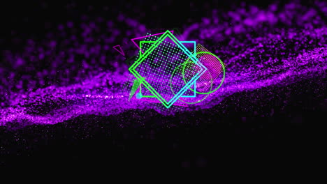 animation of glowing purple mesh and neon geometric shapes on black background