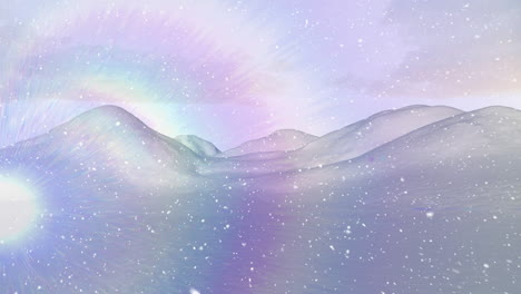 Snowfall creating serene atmosphere with pastel-colored sky over snowy landscape
