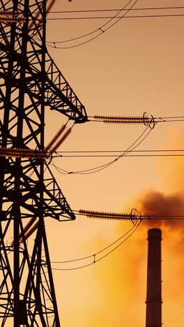 polluting factory at dawn. electric towers next to dirty smoke emitting from factory pipes at sunset. climate change. ecological disaster. vertical video