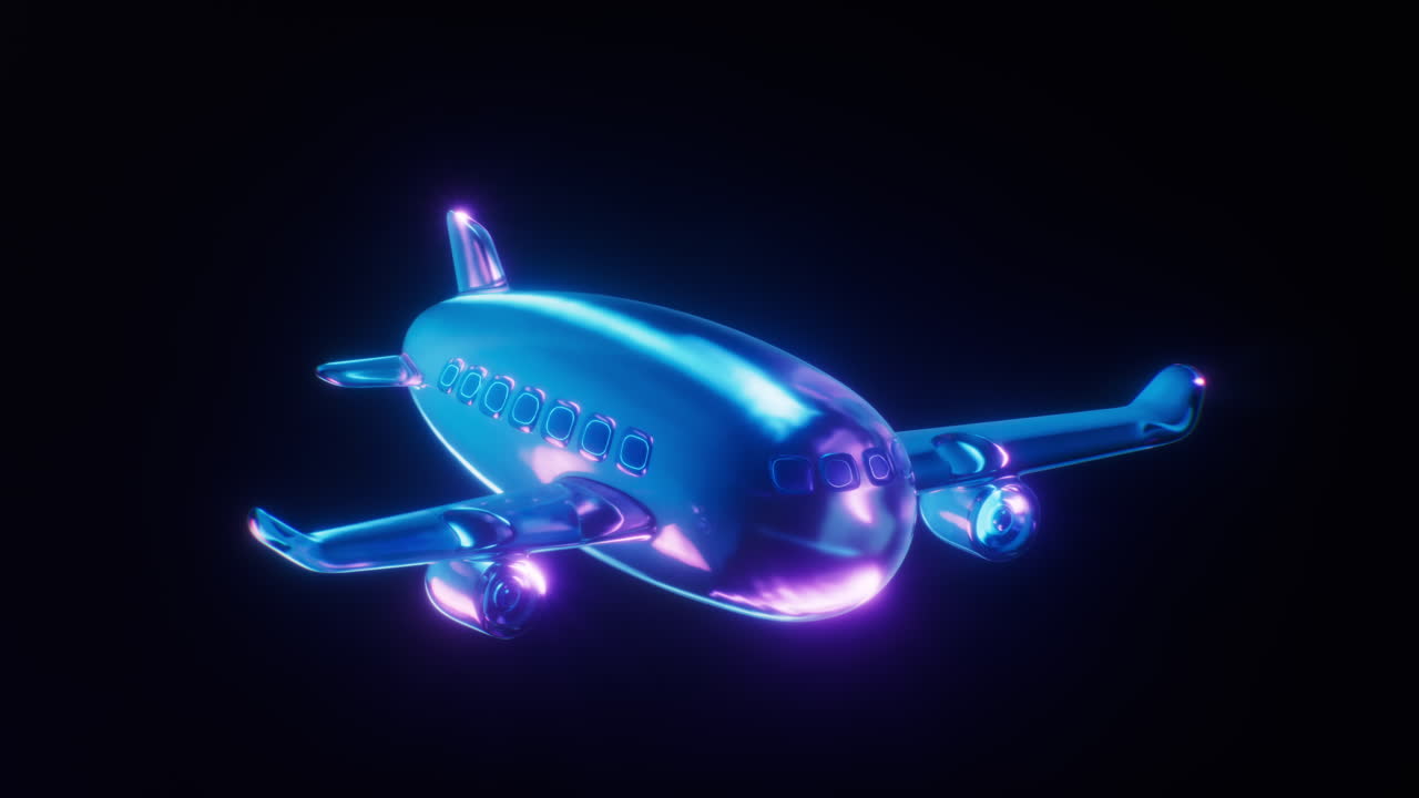 Loop animation of a plane with dark neon light effect, 3d rendering.