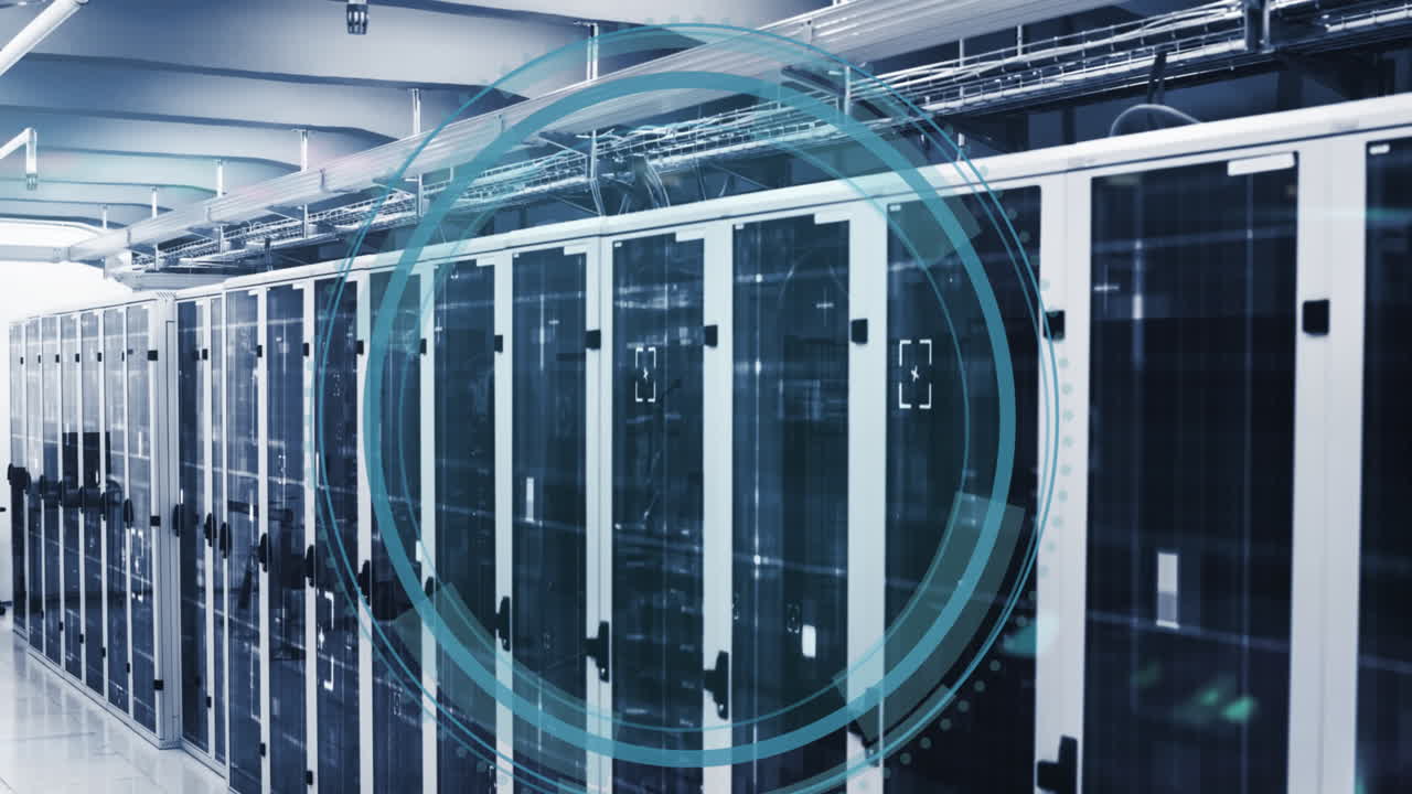 Animation of data protection text banner over round scanner and light spots against server room