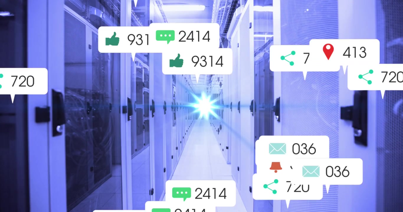 Animation of social media icons floating against rainbow lens flare over computer server room
