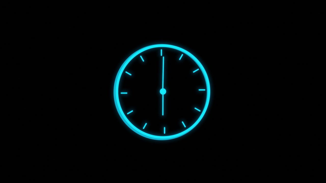 Immagine simbolo del tempo blu luminoso con quadrante circolare, lancette ciano e sfondo nero pulito perfetto