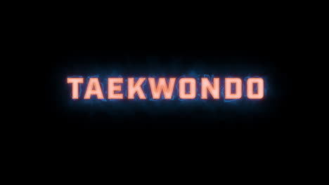 una breve revelación tipográfica de movimiento gráfico de alta calidad de las palabras "taekwondo" con varias opciones de color en un fondo negro, animada dentro y fuera con elementos eléctricos y brumosos