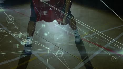 animation of data processing and networks of connections over mixed race male basketball player