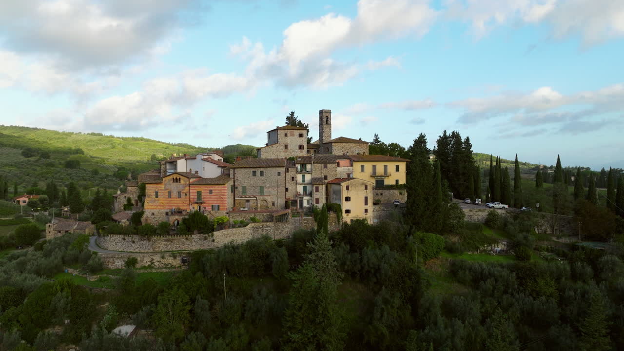 Aerial View of a Picturesque Hilltop Village in Tuscany, Italy