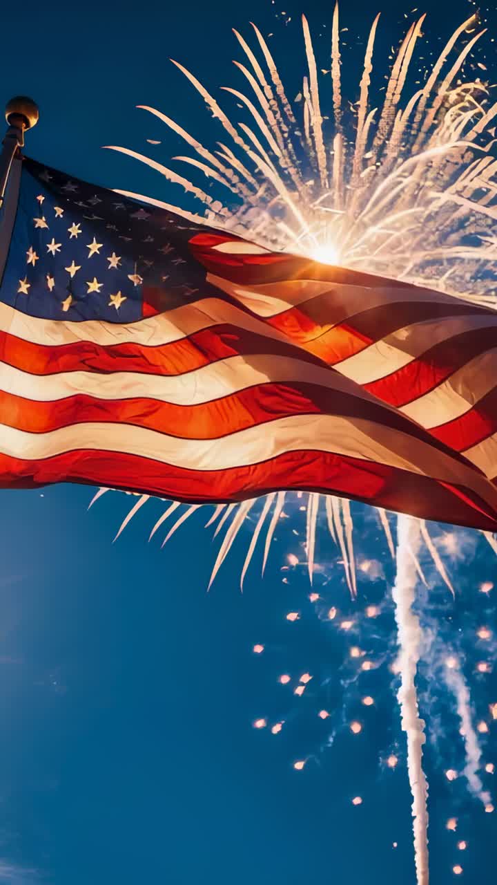 Vertical video: Launching firework lighting American flag waving under night sky with bright bursts
