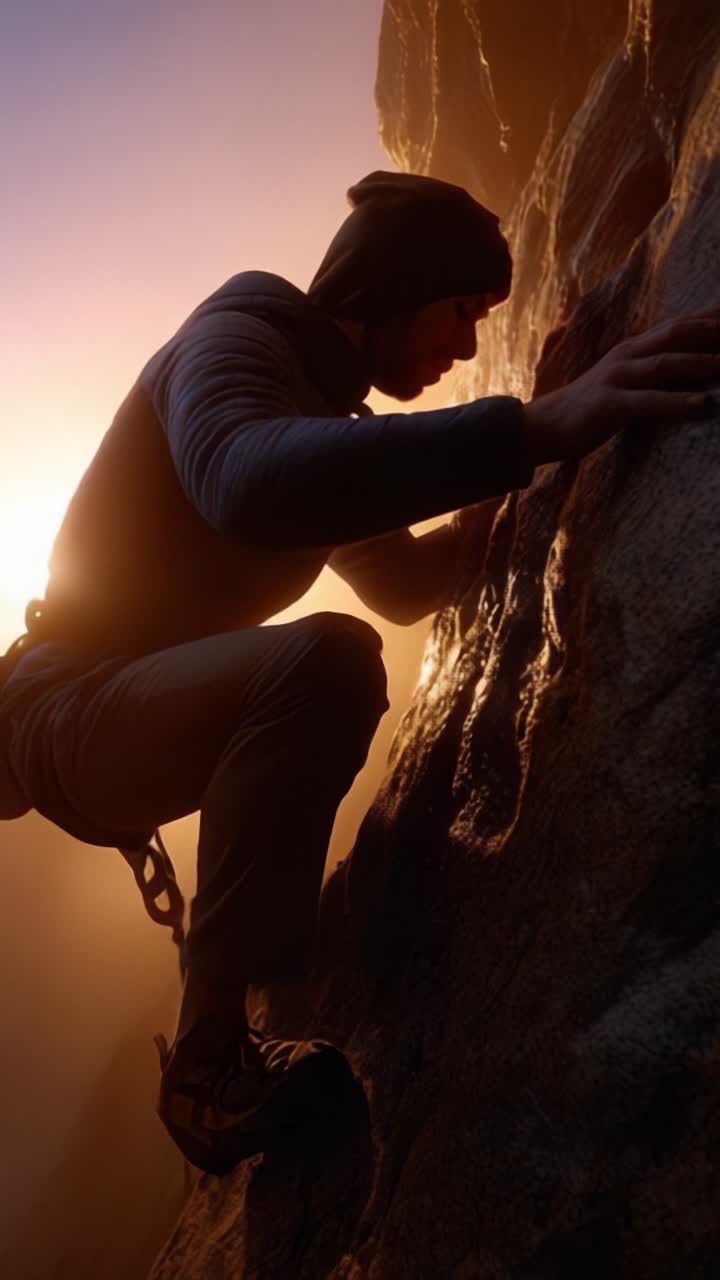 Determined climber navigating rugged terrain at sunset with glowing light illuminating the challenging rock face, showcasing strength and focus in a breathtaking landscape