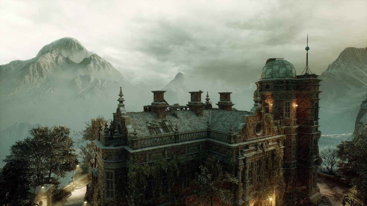 Misty mountain backdrop enhances detailed stonework and reliefs