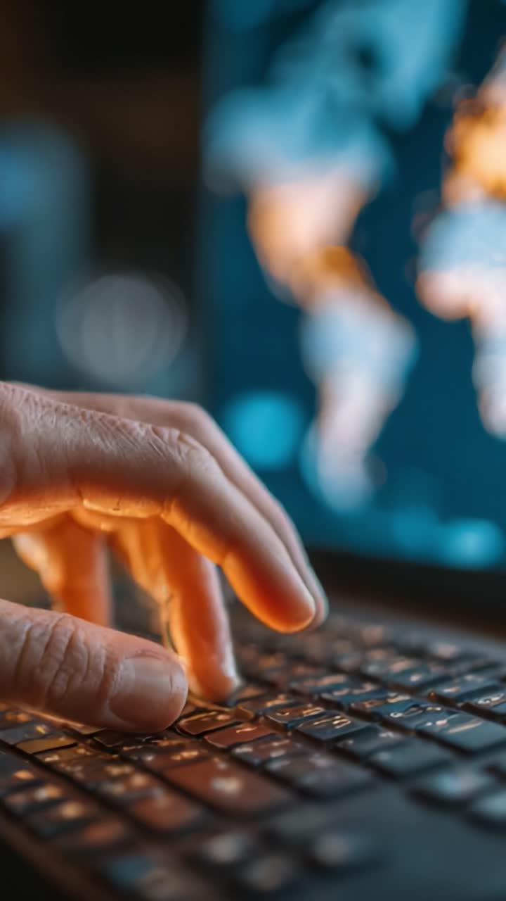 A Close-Up of a Hand Typing on a Laptop Keyboard While an Interactive Digital Map Displays Geographical Data in the Background