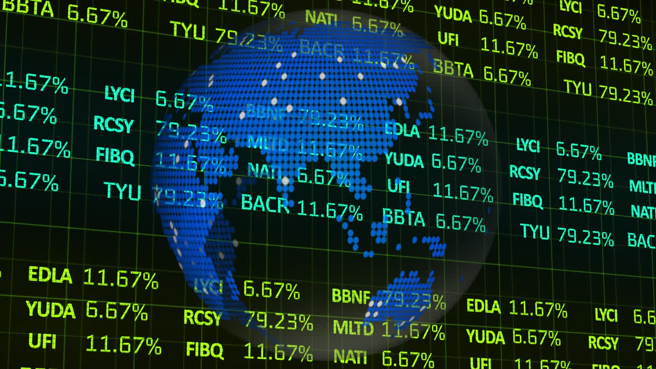 Animation of rotating digital globe, with financial shares data processing on interface