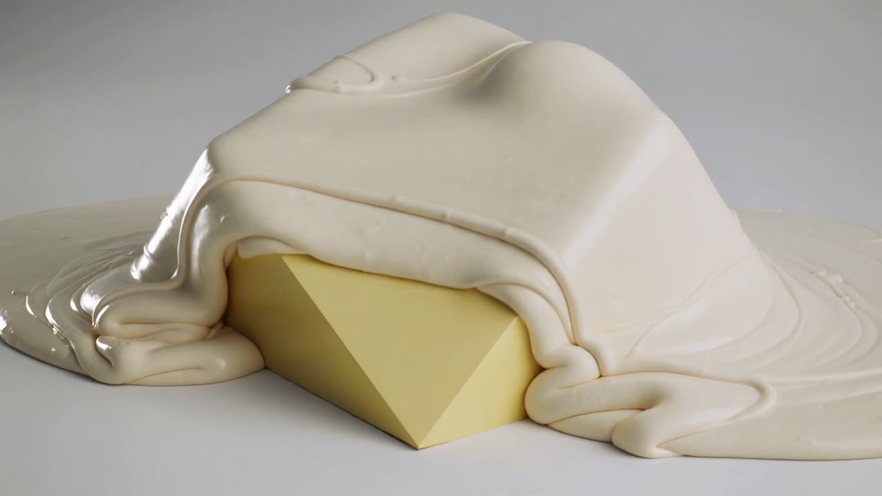 Blocco a cuneo giallo che riceve una colata di crema fuori campo, formando una cupola lucida e accumulandosi, per il design del prodotto.