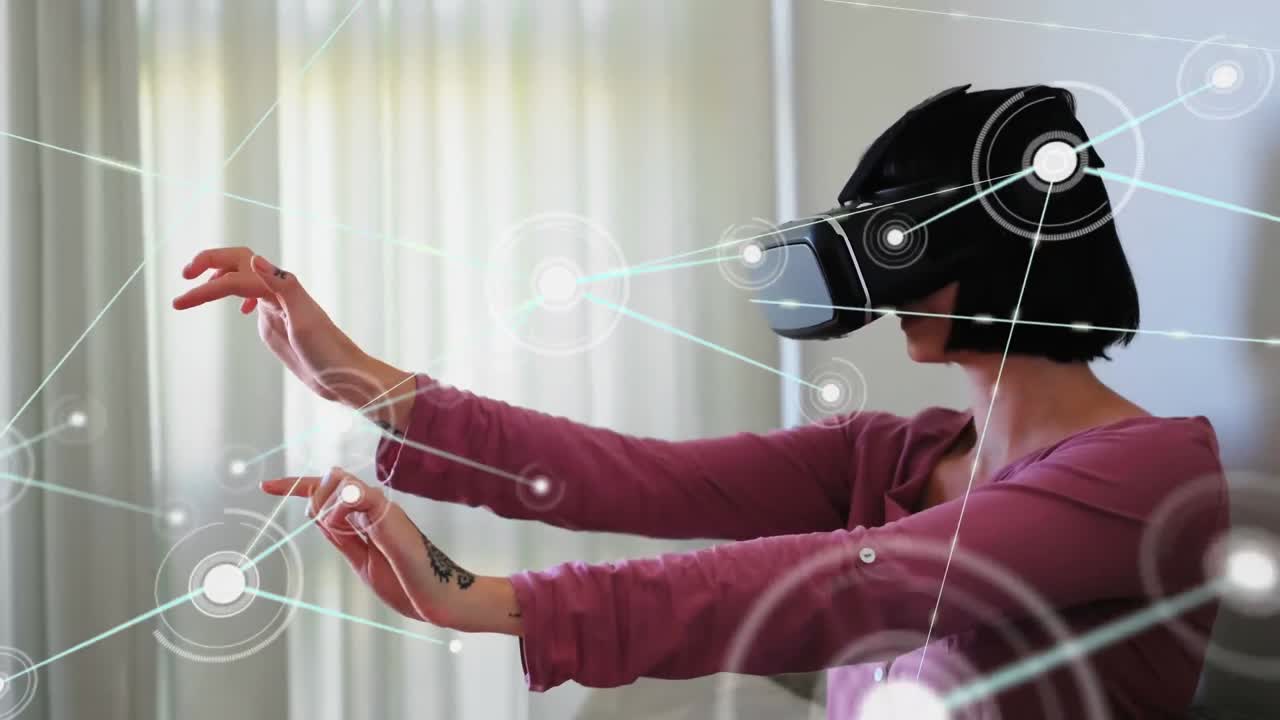 animación de la red de conexiones con iconos sobre la mujer que usa auriculares vr