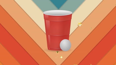 animación de taza y bola con estrellas doradas y patrón retro