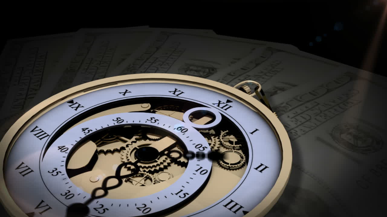 reloj de bolsillo haciendo tictac en billetes de dólar