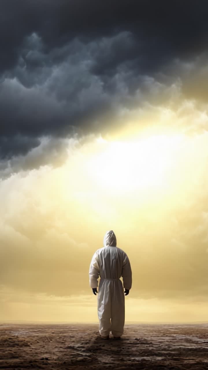Una figura solitaria in equipaggiamento protettivo si erge davanti a un cielo drammatico, che transita da tempeste scure a una luce calda, simboleggiando speranza e resilienza nelle avversità.