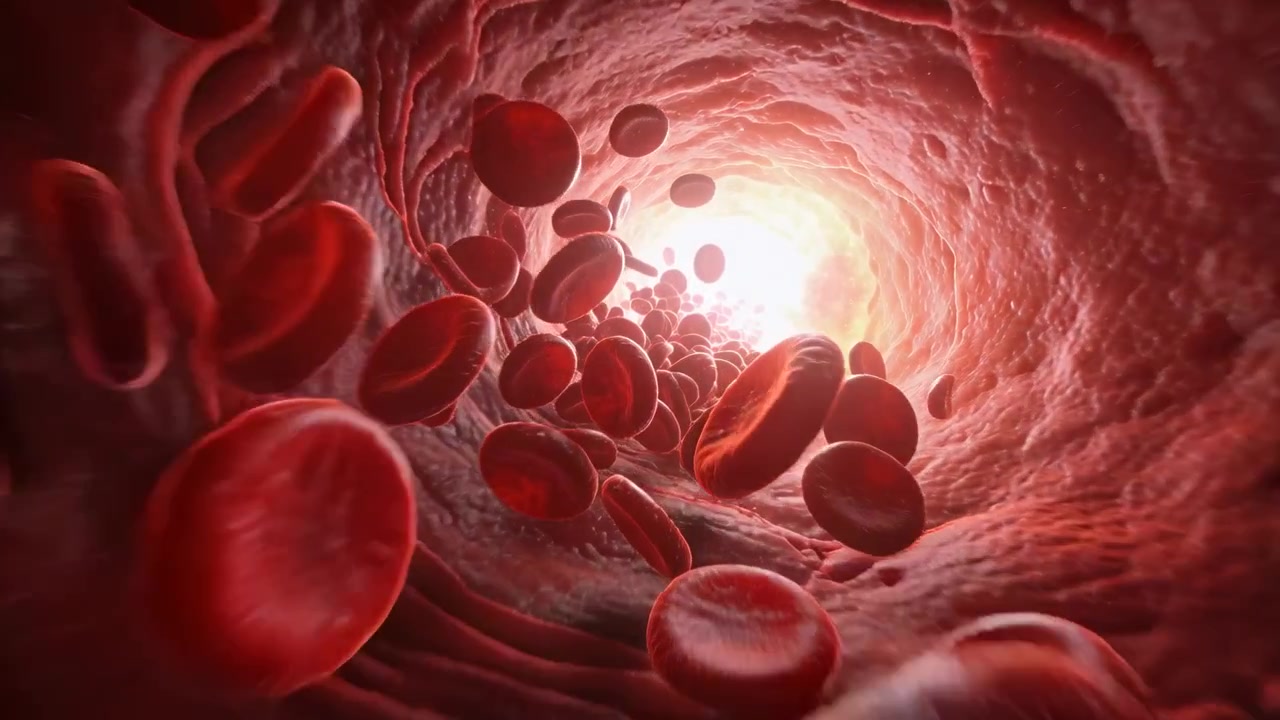 Camera translating forward, red blood cells rotating toward lumen exit with textured wall