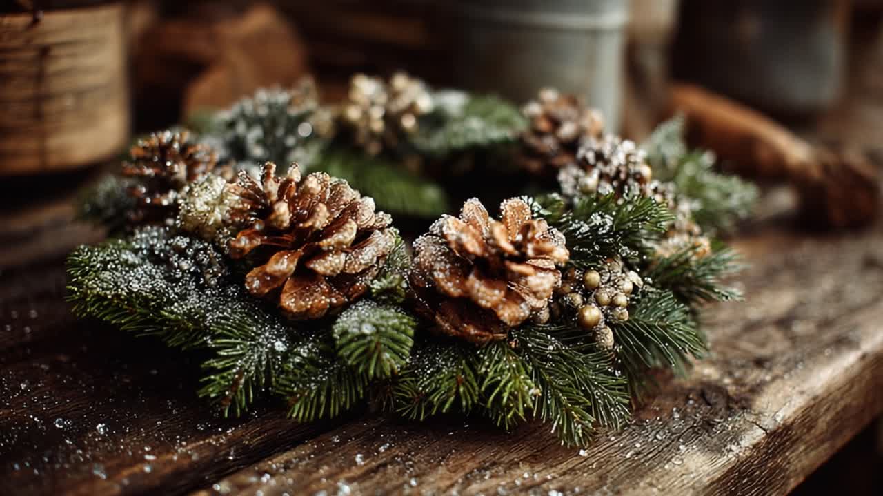 A Beautifully Crafted Winter Wreath Made with Pine Cones and Evergreen Foliage, Dusting of Snow Creating a Festive Atmosphere on a Rustic Wooden Table